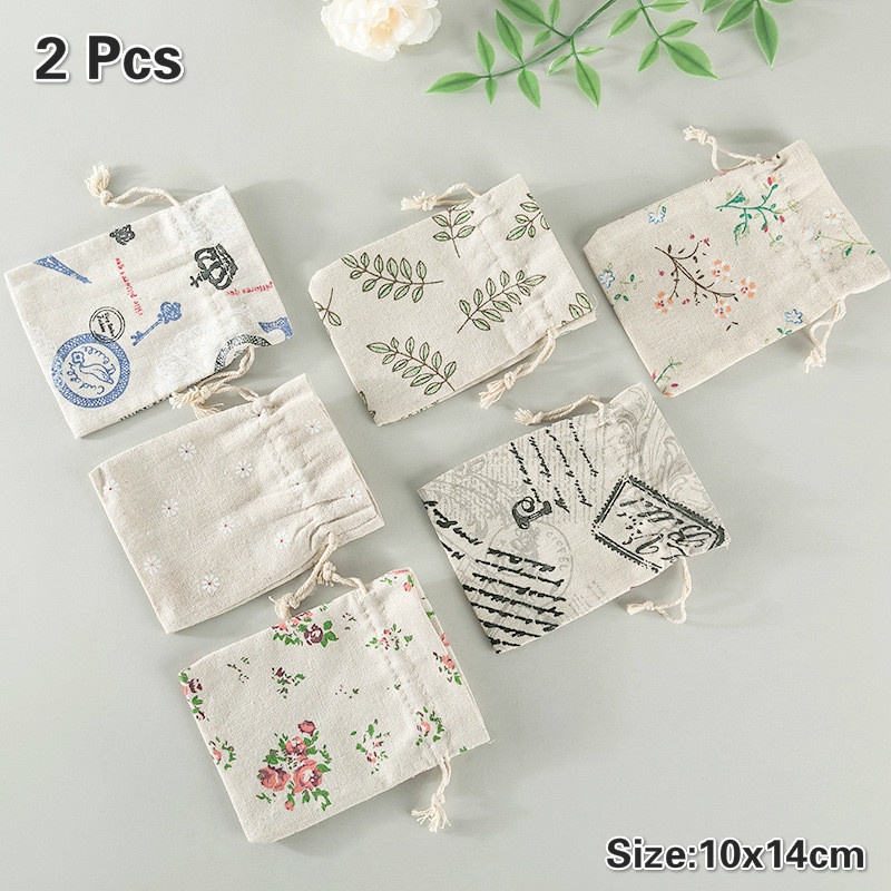 Set 2 Túi Dây Rút In Hoa Lá Bằng Cotton 10x14cm Đựng Trang Sức Tiện Dụng