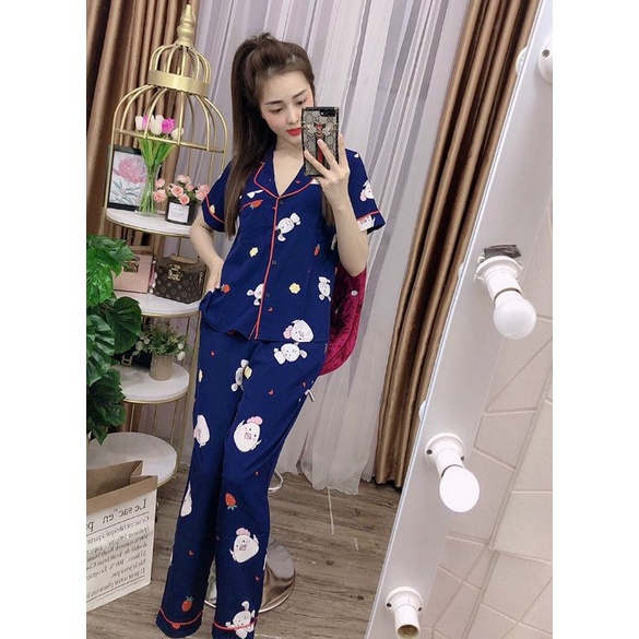 Đồ bộ mặc nhà nữ chất lụa mềm mịn, form thoải mái, bộ áo tay ngắn quần dài in hoạ tiết bông siêu mát