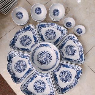 Bộ đĩa bát hoa mặt trời men lam