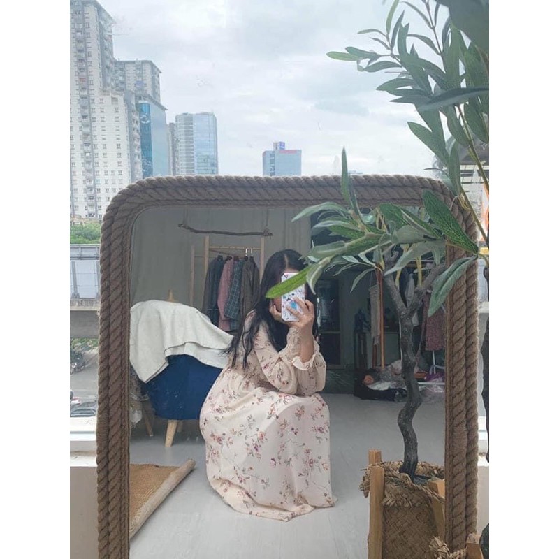 Đầm ulzzang hoa cổ viền nút nhún eo chất voan tơ mềm mịn 2 lớp tay dài