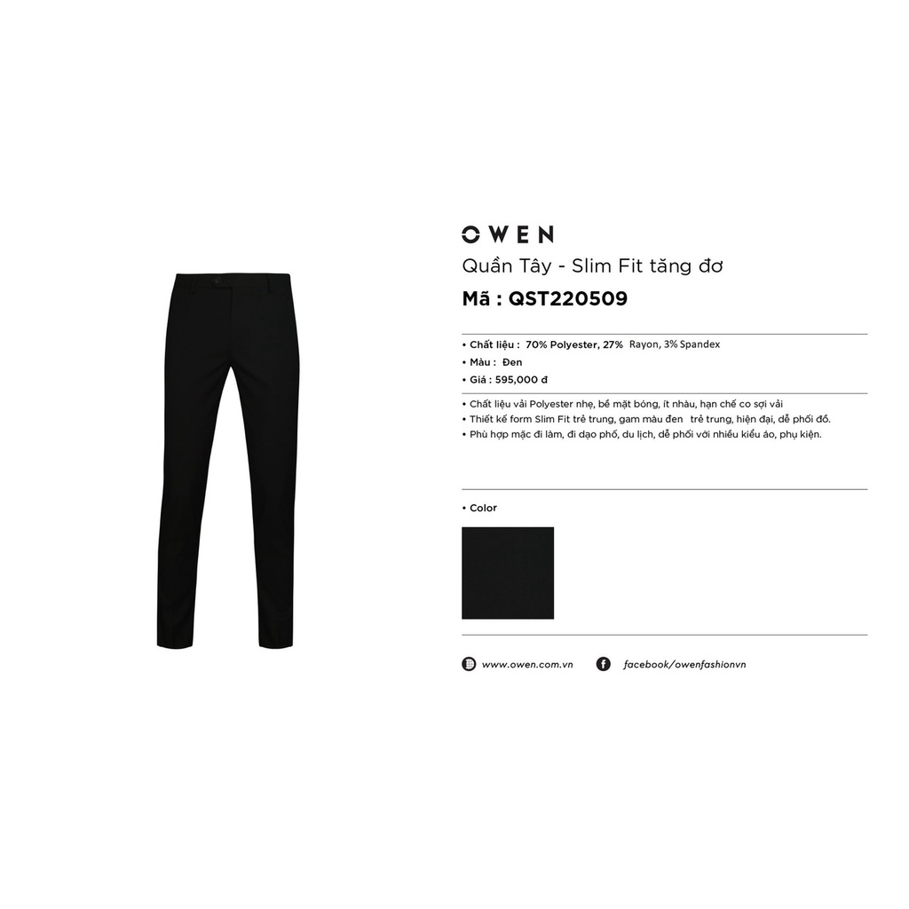 Quần Tây Nam Công Sở Cao Cấp OWEN QST220509 Quần Âu Dài Màu Đen Trơn Dáng Slim Fit Cạp Tăng Đơ Ống Đứng Vải Polyester