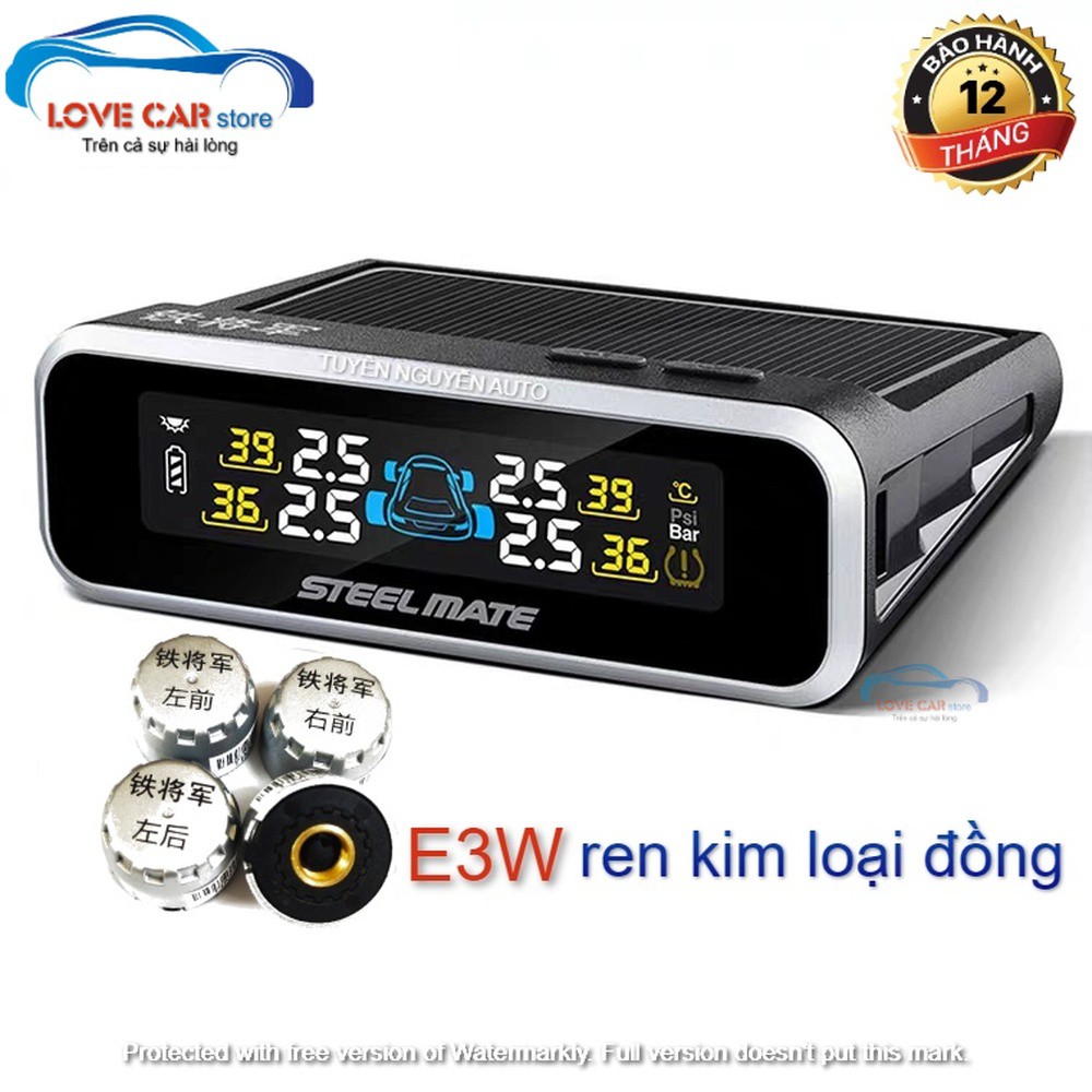 Cảm biến áp suất lốp Steelmate E3W van ngoài dùng pin năng lượng mặt trời mẫu mới ren đồng dễ dàng lắp đặt và sử dụng