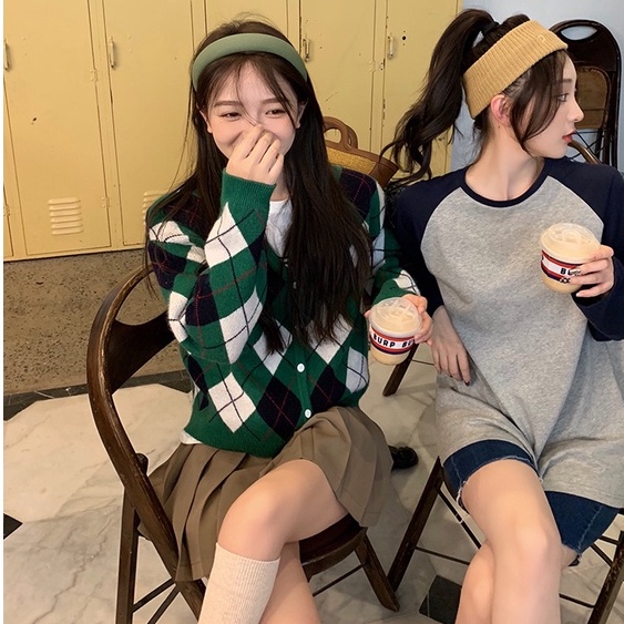 Áo Khoác Len Cardigan Nữ Dệt Kim Dáng Rộng Họa Tiết Trám Tông Xanh Phong Cách Cổ Điển Vintage Hàn Quốc