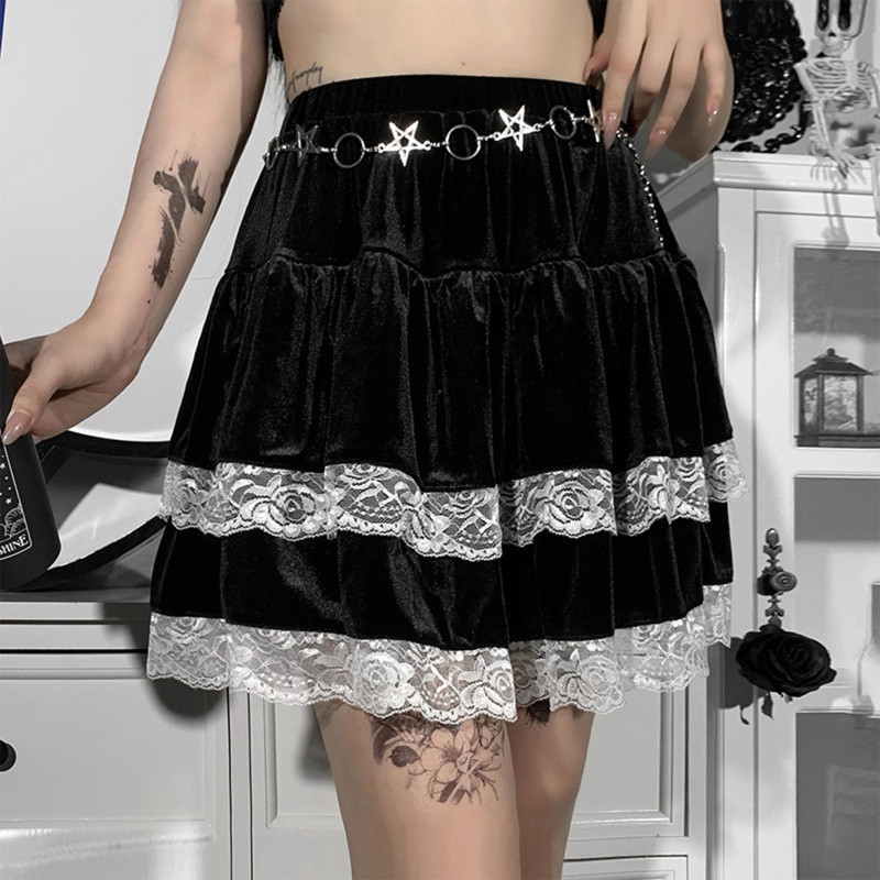 Chân Váy Nhung Xếp Ly Hai Lớp Lưng Cao Viền Ren Phong Cách Gothic Punk Harajuku Cho Nữ