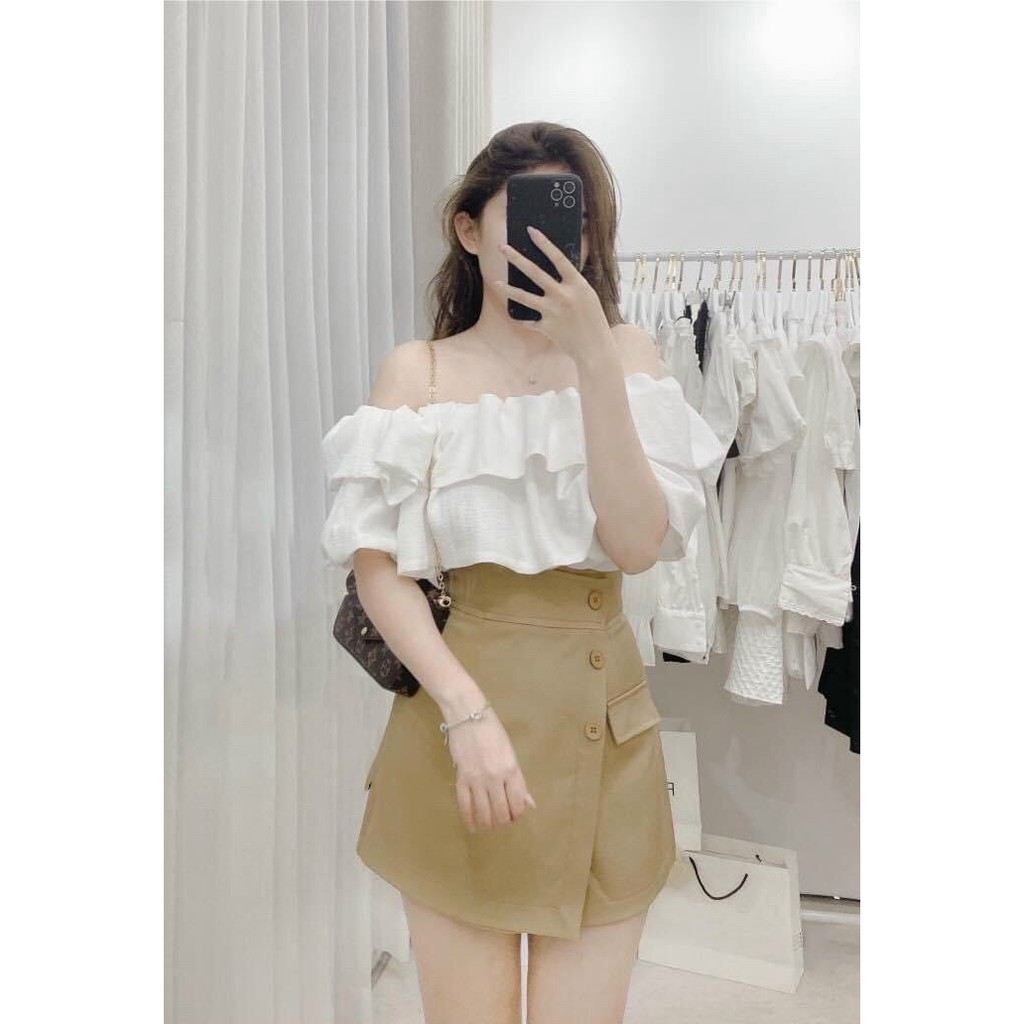 Sét bộ đùi giả váy và áo nhún 2 bèo trễ vai xinh xắn dễ thương thời trang Bella Luu Shop