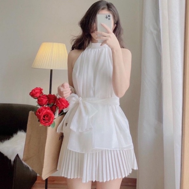 Áo kiểu nữ cổ yếm 2 lớp- Áo hở vai phối dây bản to_013 babydoll bánh bèo mầu trắng