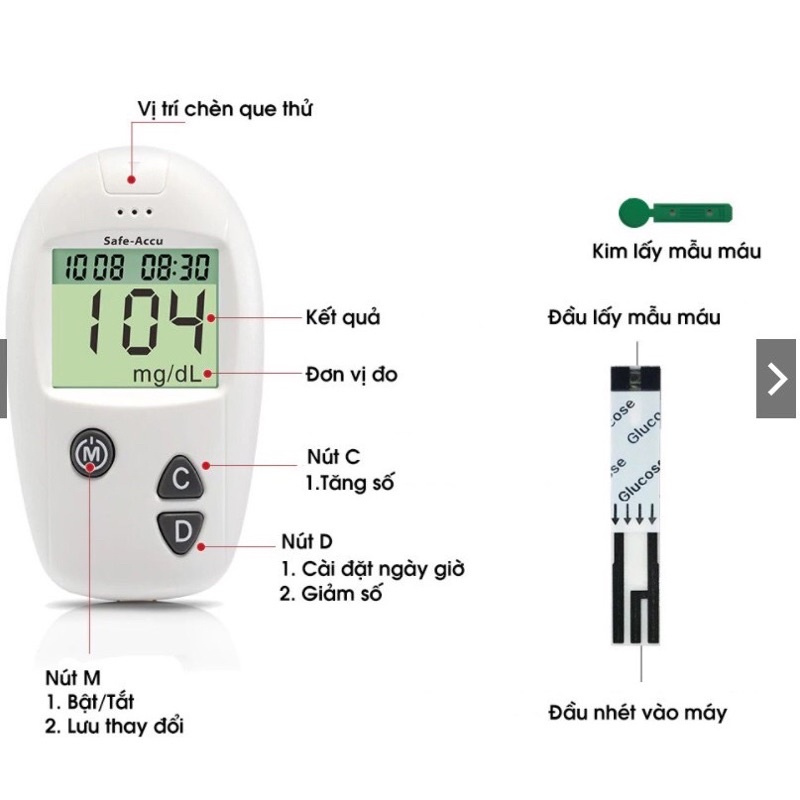 ❤️ TẶNG 25 TEST +50 KIM Máy Đo Đường Huyết Safe Accu Sinocare máy thử đo tiểu đường huyết SAFE-ACCU SINOCARE