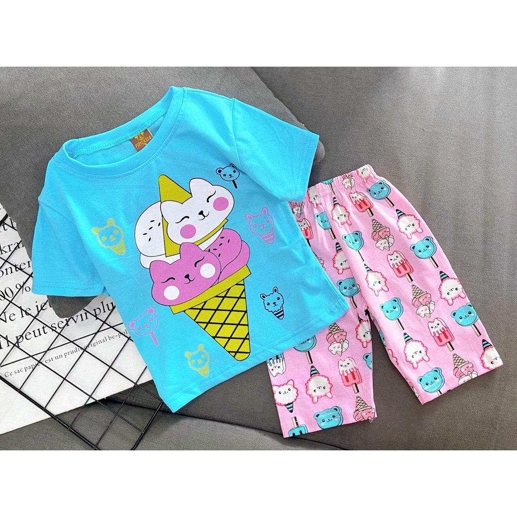 Bộ cotton lửng bé gái, bộ thun lửng bé gái, bo coton lung be gai, bo thun mac nha be gai