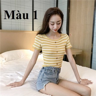 Áo len nữ kẻ cộc tay croptop