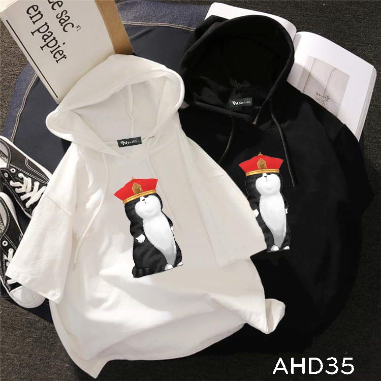 AHD35 có bigsize 120kg 6XL Áo thun teen nam nữ HOODIE TAY LỠ CÓ NÓN hình mèo hoàng thượng