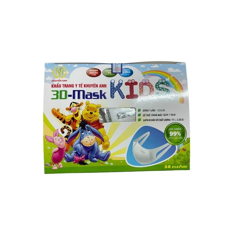 Khẩu Trang 3D Kid - Khuyến Anh Mark - Dành Cho trẻ 1-10 Tuổi - Kháng Khuẩn- Chống Bụi Mịn - Hộp 50 Chiếc