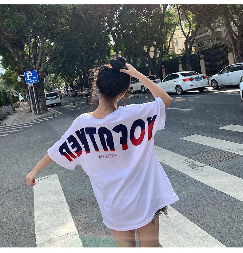 NRVP Áo thun tay ngắn cổ chữ V dáng rộng màu đen thời trang mùa hè 2021 cho nữ