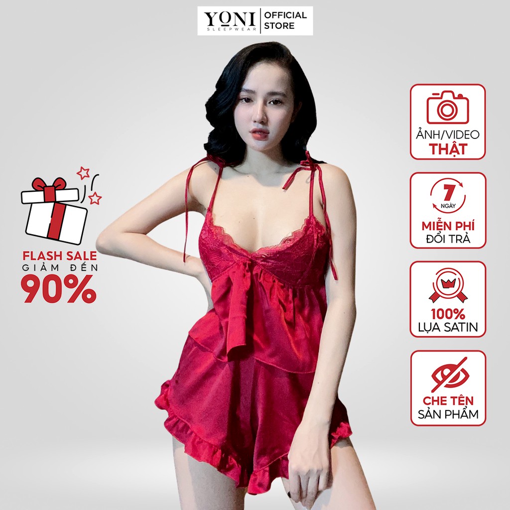 Đồ ngủ sexy đồ ngủ 2 dây cột vai phối ren, chất liệu lụa satin mềm mại, freesize 40-60kg tùy chiều cao YONI 030 | BigBuy360 - bigbuy360.vn