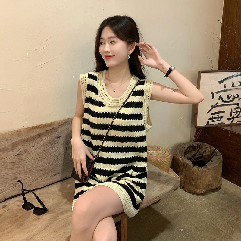Đầm dệt kim ZHELIHANGFEI sát nách kẻ sọc phong cách cá tính thời trang cho nữ