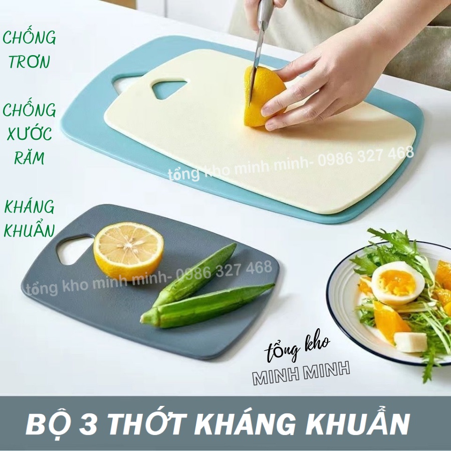 Bộ 3 thớt kháng khuẩn Cao Cấp với 3 cỡ tiện để bổ trái cây- thái đồ chín- đồ sống riêng biệt- chống trơn chống xước