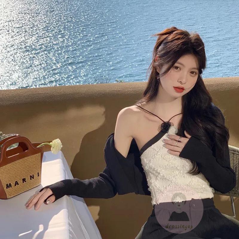 DRE-Women´s Summer Tank Tops,Camellia Embellishment Halter Sleeveless Asymmetric Slim Fit Tank Tops