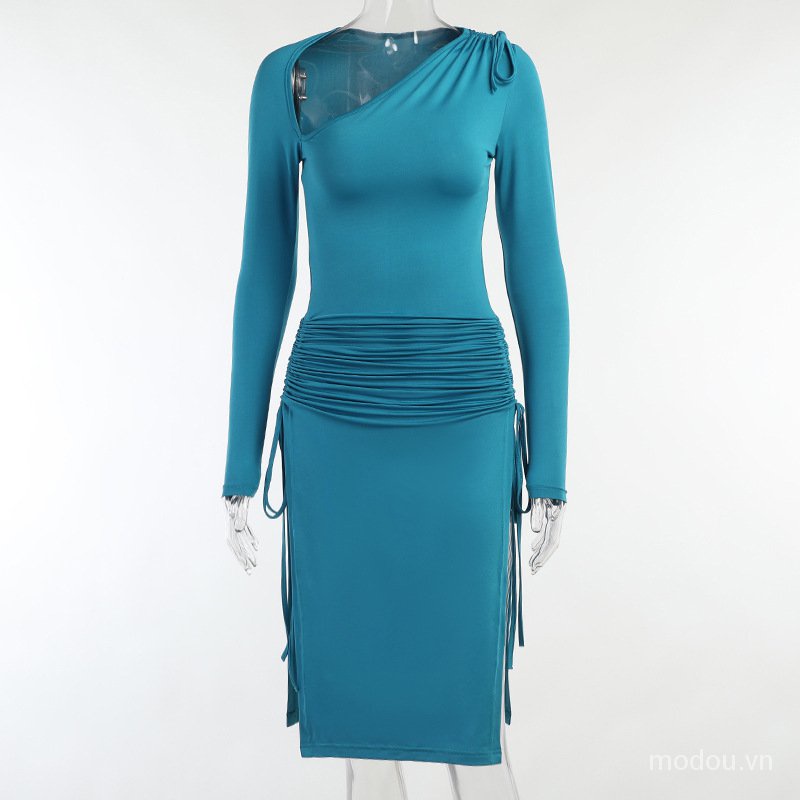 Đầm tay dài xẻ tà thời trang mùa thu cho nữ Hi5t