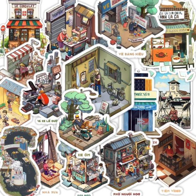 Set 100 sticker ký ức tuổi thơ hình ảnh thân thuộc dễ thương dùng dán trang trí điện thoại laptop vali