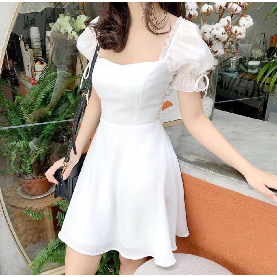 Váy trắng tiểu thư cổ vuông dự tiệc, kỉ yếu, đám cưới trẻ trung kèm ảnh thật