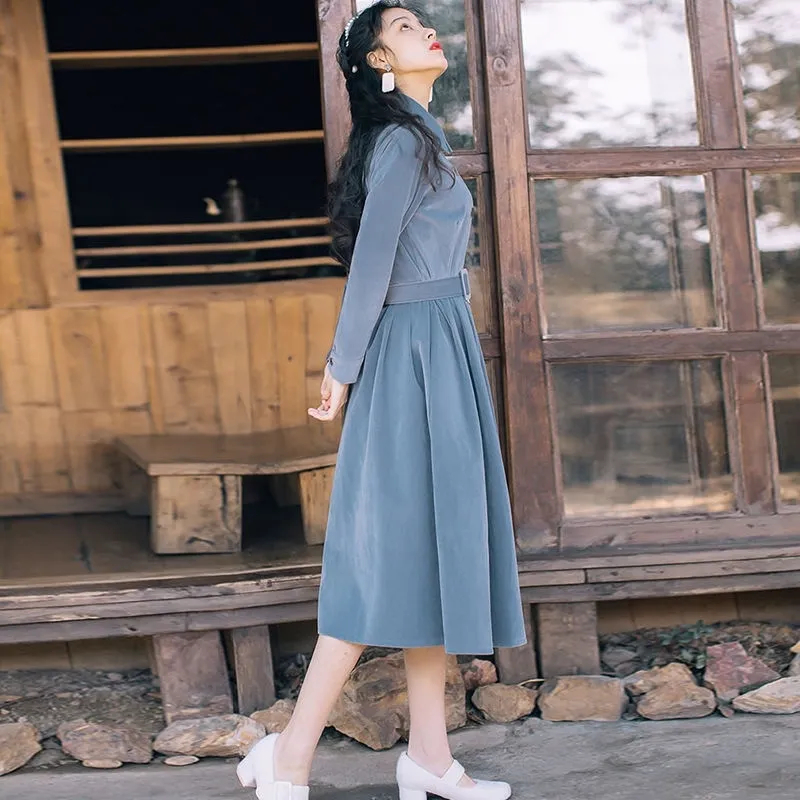 Đầm Nhung Dài Tay Ôm Eo Màu Xanh Dương/Đỏ/Đen Phong Cách Retro Pháp Thời Trang Cho Nữ
