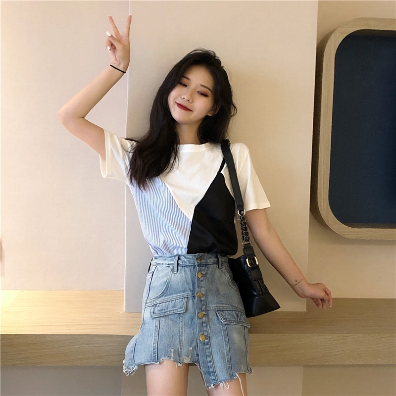 SUXI Áo thun kẻ sọc cổ tròn tay ngắn