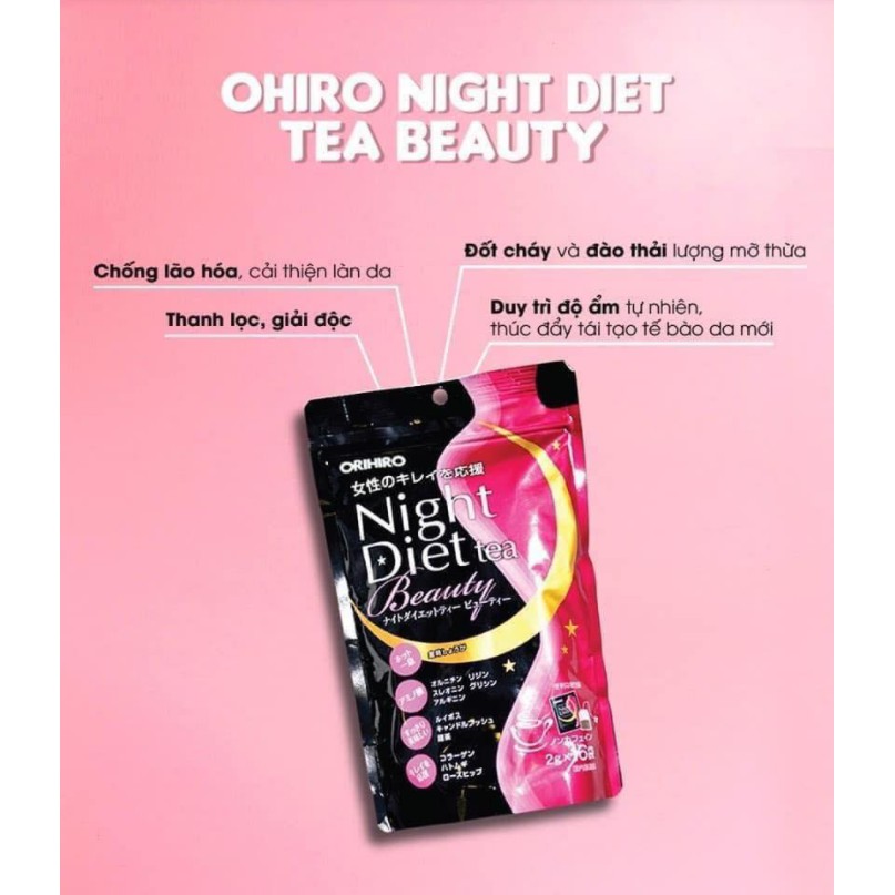 Trà giảm cân Beauty Orihiro Night Diet Tea 16 gói nội địa Nhật Bản, bổ sung collagen thủy phân, giúp da căng mịn
