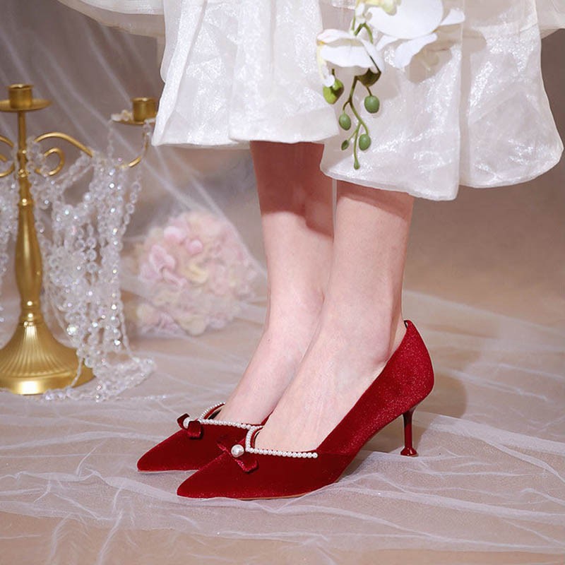 SWEETC giày nữ giày cao gót màu đỏ nơ cô dâu phù dâu giày cưới cao gót