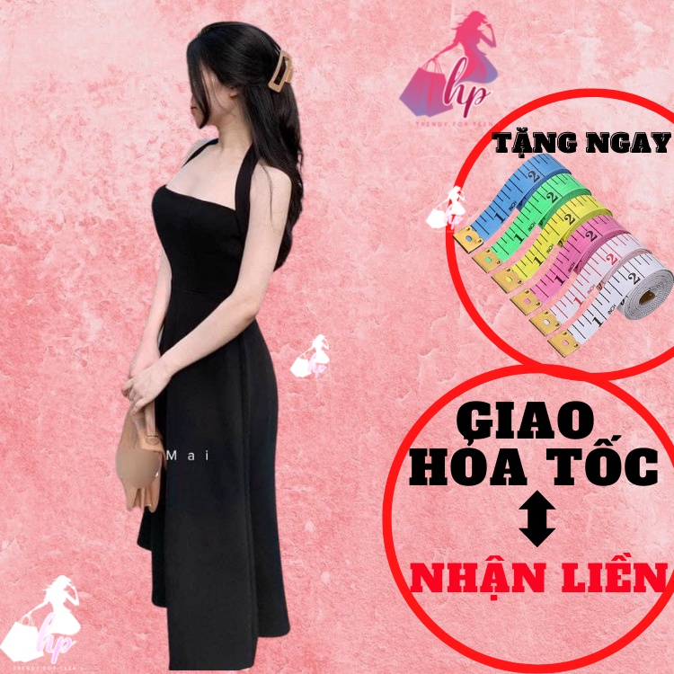 Váy maxi dài đuôi cá choàng cổ, đầm body thun gân màu đen sang chảnh hàn quốc dự tiệc VD274