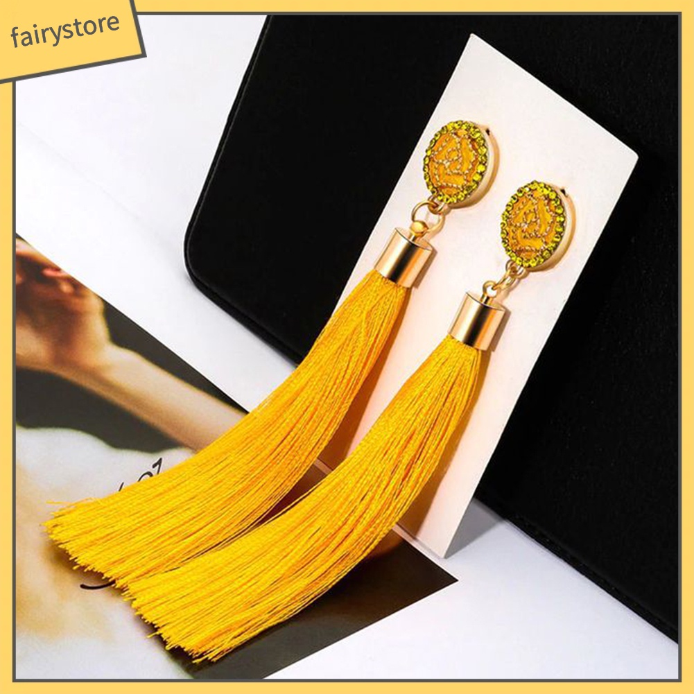 Khuyên Tai Dáng Dài Hình Hoa Hồng Phối Tua Rua Phong Cách Dân Tộc