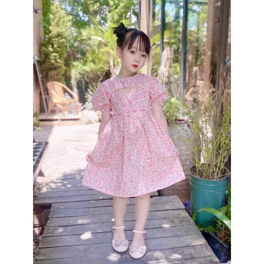 Váy cho bé gái cộc tay - Babystore88 - Đầm hoa nhí viền ngọc cổ ngực mùa hè 1 2 3 4 5 6 7 8 9 10 11 12 tuổi v6