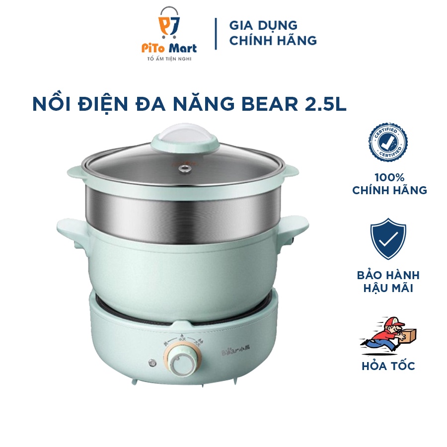 Nồi điện đa năng mini Bear MC-B25V1 kèm lồng hấp 3 tầng nấu, lẩu, hầm màu xanh nhạt 2.5L tiện lợi bảo hành 18 tháng