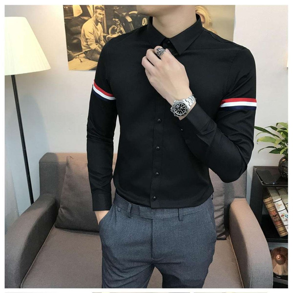 Sơ mi nam dài tay phối viền quốc dân vải lụa co giãn nhẹ chất vải không nhăn chống phai xù | BigBuy360 - bigbuy360.vn