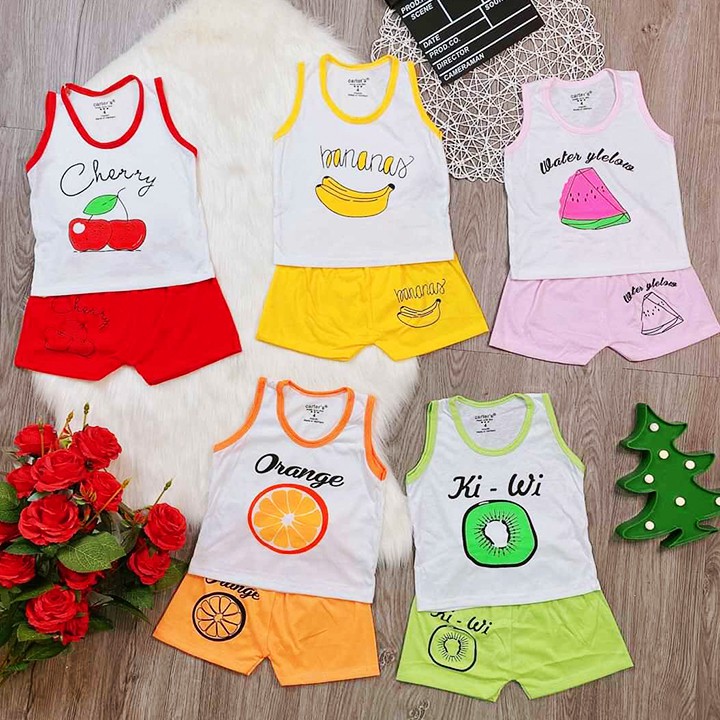 Bộ cotton 2 chiều ba lỗ cho bé trai và bé gái 4-15kg họa tiết hoa quả và hình thú đủ màu sắc tươi tắn Baby-S - SBVN013