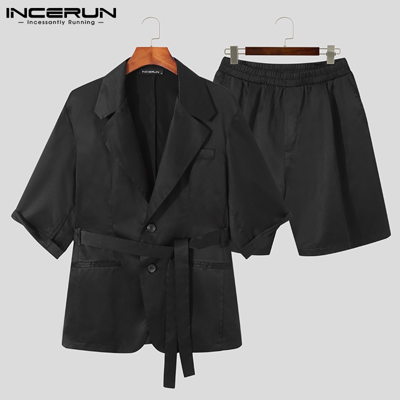Set đồ INCERUN gồm áo khoác blazer ngắn tay và quần short màu trơn phối thắt lưng thời trang cho nam