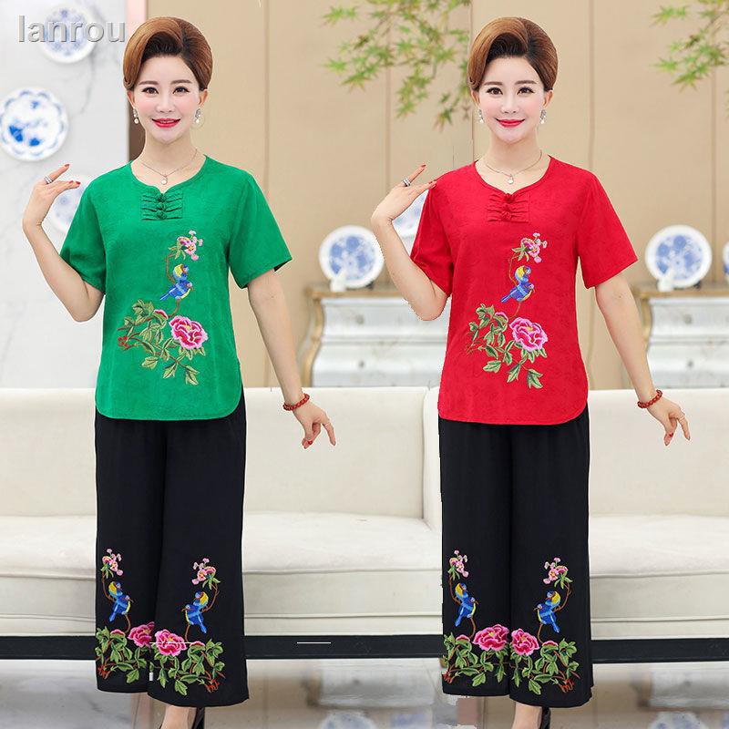 Set Áo Thun Cotton Và Quần Ống Rộng Thêu Họa Tiết Phong Cách Dân Tộc Dành Cho Phụ Nữ Trung Niên 40-60 Tuổi