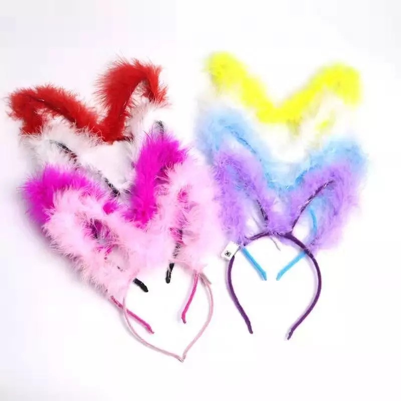 Bờm trung thu phát sáng tai thỏ lông vũ đẹp 3 chế độ đèn Led