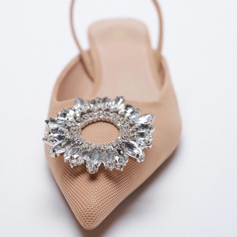 [Joiehome] Giày cao gót slingback mũi đính đá nhân tạo phủ lưới màu nude đẹp sang chảnh