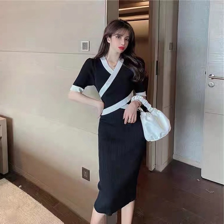 Đầm dệt kim SUXI cổ chữ V tay ngắn màu sắc đơn giản thời trang mùa hè dành cho nữ