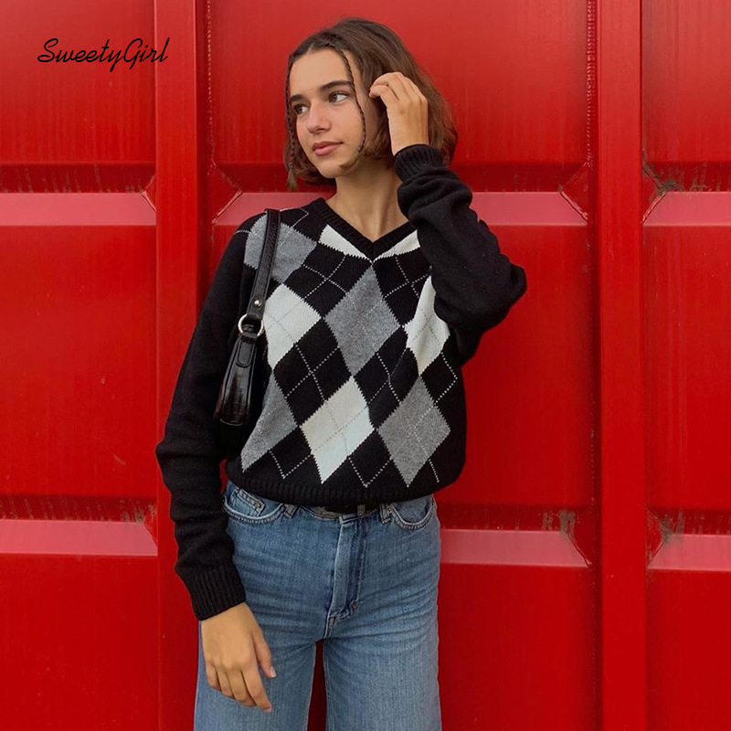 Áo Len Nữ Tay Dài Cổ Chữ V Họa Tiết Caro Thời Trang