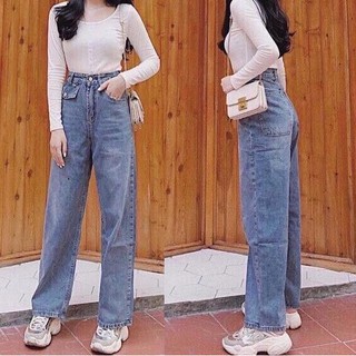 [HÌNH THẬT] QUẦN JEAN DÀI ỐNG RỘNG LƯNG CAO KÈM TÚI NHỎ - QUẦN BÒ NỮ CULOTTES SUÔNG T 22