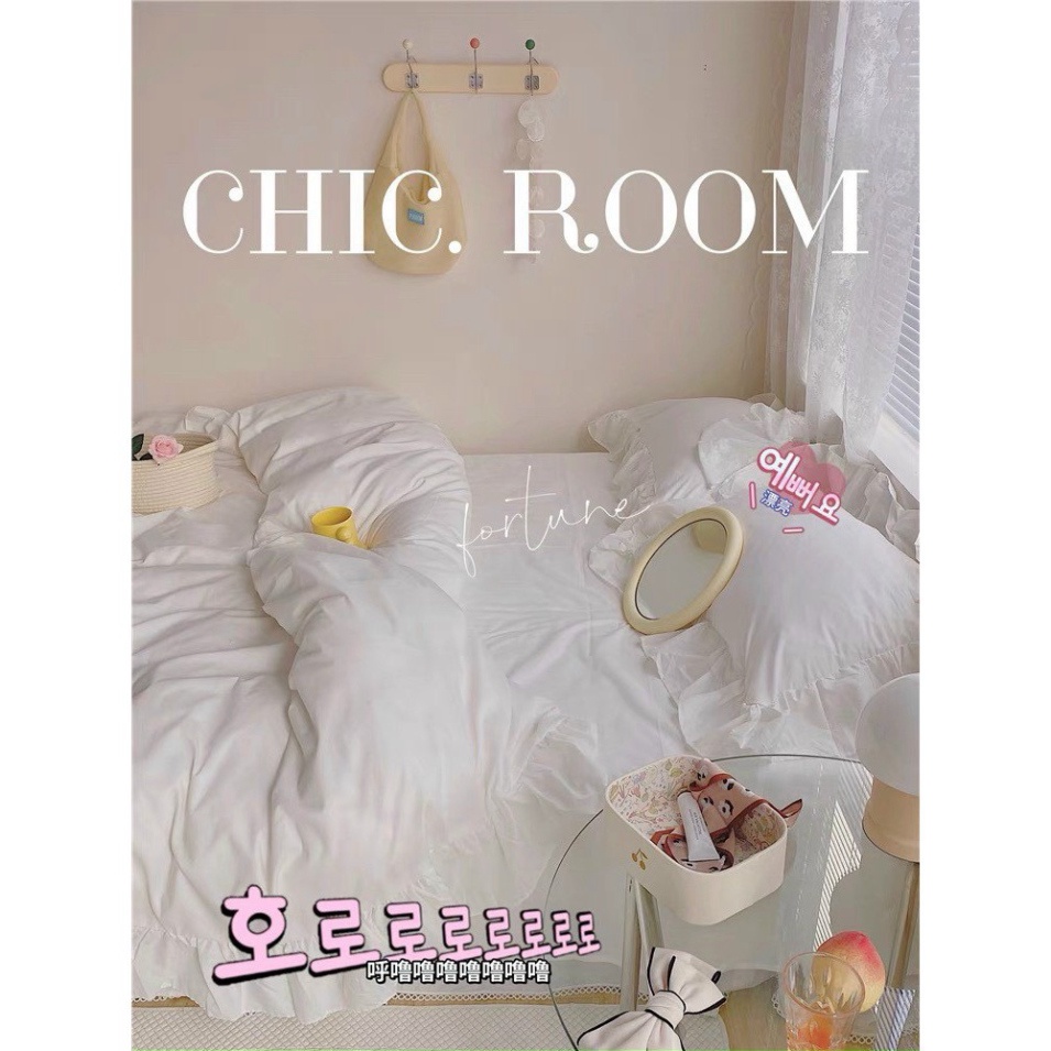 Bộ chăn ga gối Cotton tici viền bèo đáng yêu drap giường Hàn quốc ga trải bo chun đủ size - Màu trắng viền bèo Chăn Ga G