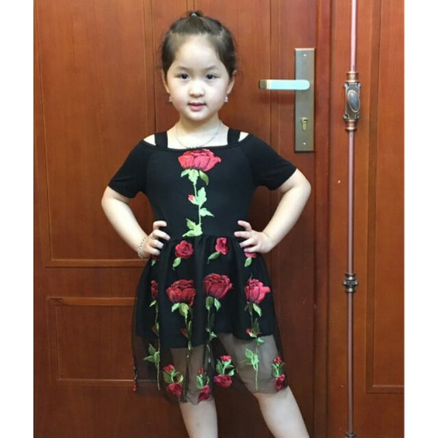 Váy ren thêu hoa hồng màu đen cho bé gái