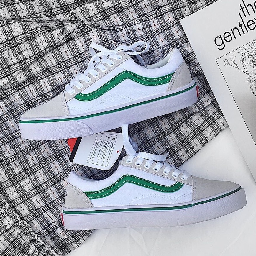 Giày thể thao nam nữ V old skool trắng, vạch xanh lá, mũi da lộn xám
