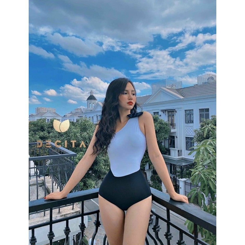 Bikini đồ bơi đi biển một mảnh liền thân lệch vai phối nơ trắng đen đi biển đi bơi đẹp VATIXA BKN66 | BigBuy360 - bigbuy360.vn