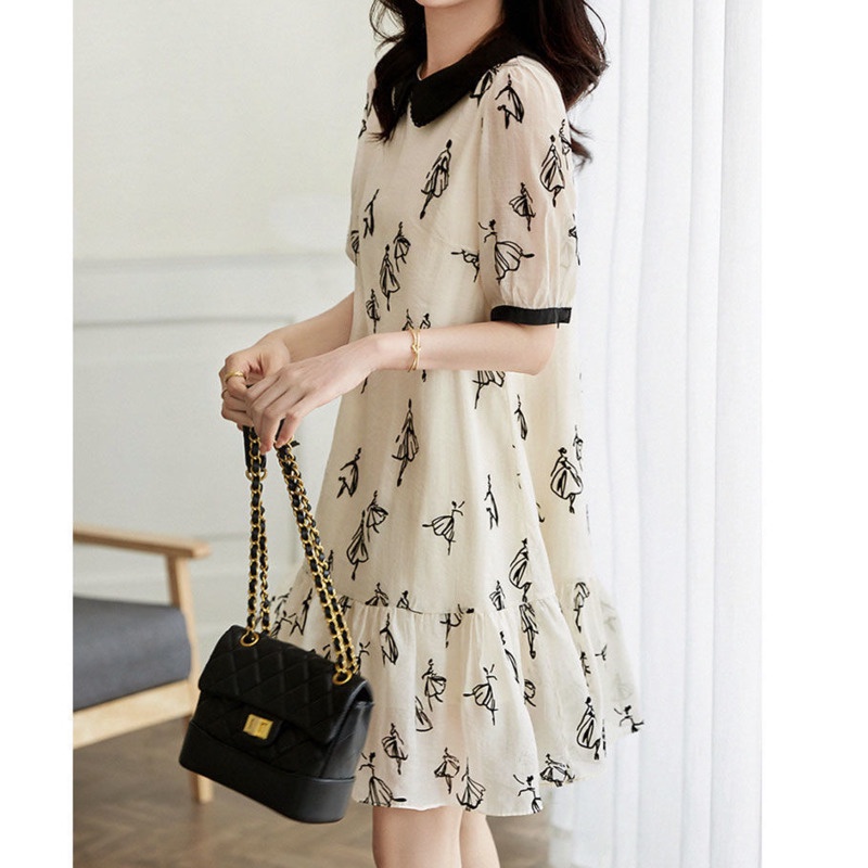 Đầm RENJIANVSHENG 15423 tay ngắn cổ búp bê màu sắc tương phản xinh xắn