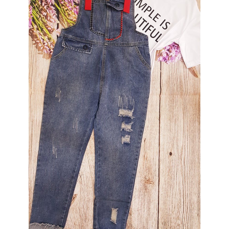Set Quần Yếm Jean Rách kèm Áo Thun Cotton hàng nhập Quảng Châu chuẩn form