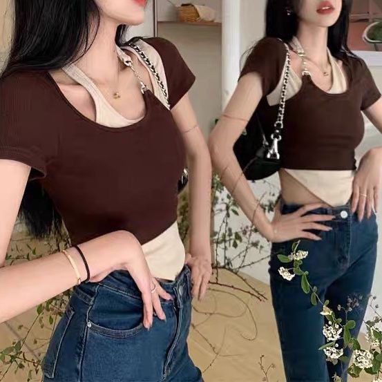 Áo Thun Giả Hai Lớp Màu Sắc Tương Phản Thời Trang Cho Nữ
