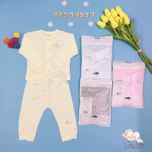 Bộ dài tay Noubaby vải sợi tre khuy thẳng HÀNG LOẠI 1 siêu mềm mát