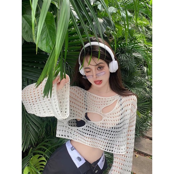 Áo lưới dài tay ống rộng dáng croptop cách điệu sexy thời trang nữ