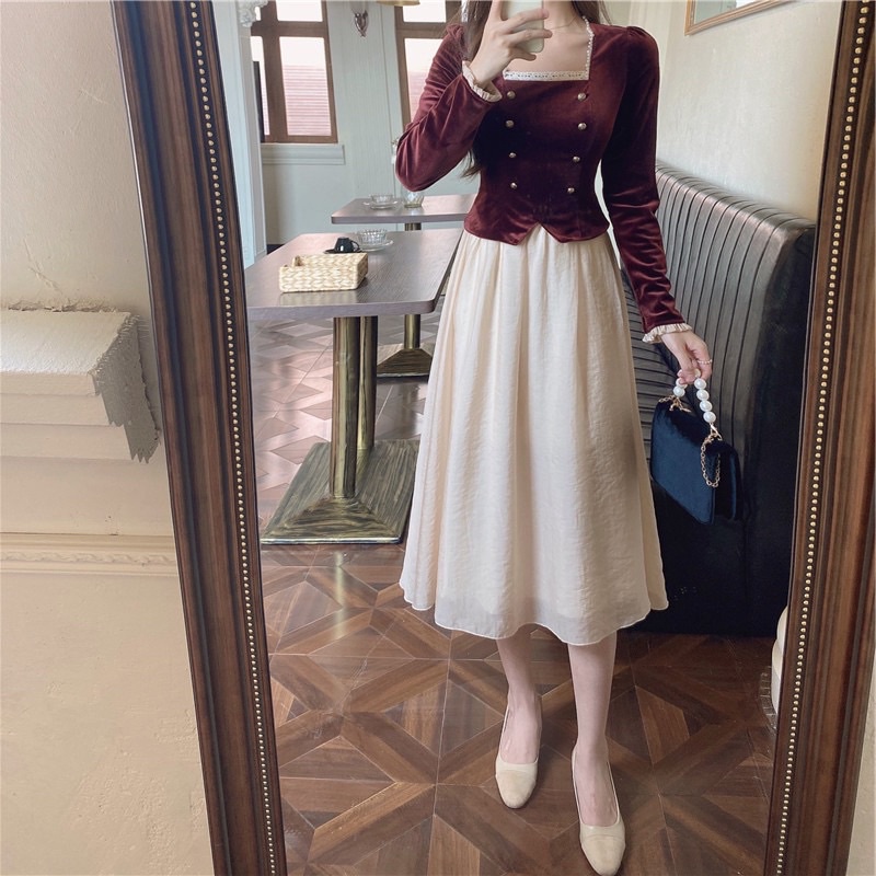 Set váy phong cách retro siêu sang chảnh cho nàng dự tiệc ăn cưới hoặc lễ tết cực tôn dáng